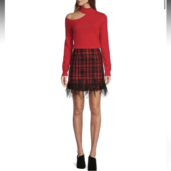 Antonio Melani Size 0 Dalia Tweed Mini Skirt Feather Fringe Hem Red Black NWT - Picture 3 of 16